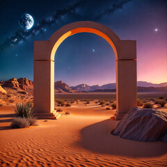 Portal ancient stone structure at sunset in the desert. Generative ai
