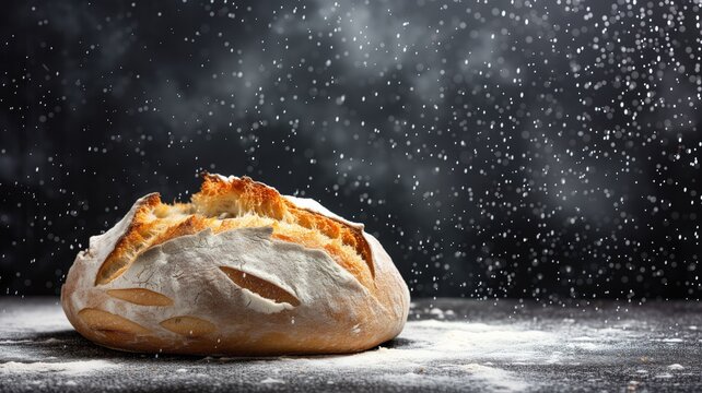 Artisan bread on a dusty surface with flour