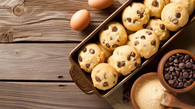Chocolate chip cookies in a baking tray next to ingredients