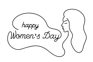 Happy Women's Day continuous line drawing with woman silhouette, black line vector illustration, editable stroke, decorative art - obrazy, fototapety, plakaty