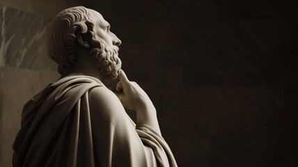 Classic marble statue of a thinker in profile view