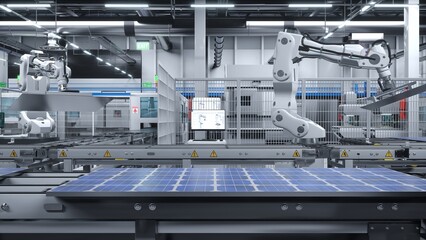 Industrial solar panel warehouse with robot arms placing photovoltaic modules on assembly lines, 3D illustration. Manufacturing facility producing PV models for energy industry