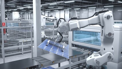 Autonomous robot arm in cutting edge solar panel factory maneuvering photovoltaic modules. PV cells...