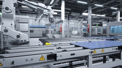 Industrial robotic arms in cutting edge solar panel factory handling photovoltaic modules in high...