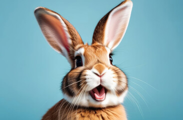 Obraz premium Portrait of a cute red and white rabbit on a blue background