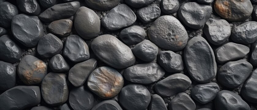 Black smooth river stones in mortar wall background and wallpaper texture