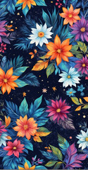 Seamless pattern of flowers and leaves on black background