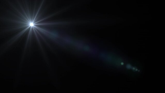 Abstract blue optical lens flares light streaks shine ray moving from left to right side animation on black background. 4K seamless dynamic kinetic bright star illustration flash light rays effect