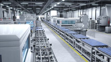 Robotic arms in cutting edge solar panel factory handling photovoltaic modules in high tech...