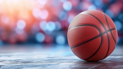 Close-up of a basketball on a wooden floor with bokeh
