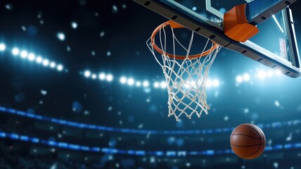 Obraz premium Basketball nearing the hoop in a dynamic arena setting