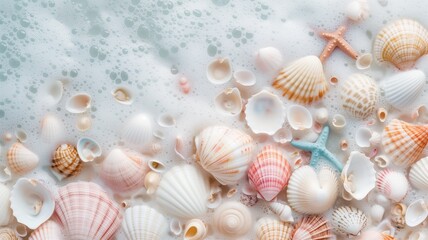 Seashells and starfish on sand with foam