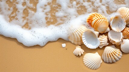 Fototapeta na wymiar Seafoam gently washes over a collection of seashells