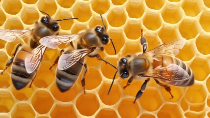 Multiple bees on honeycomb in beehive