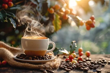 Fotobehang Cup of coffee with coffee beans in burlap bag and coffee powder in wooden spoon © Vasiliy
