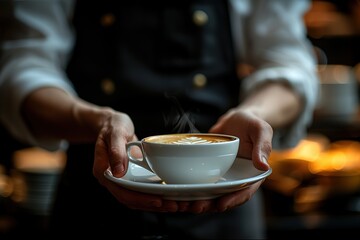 A young barista guy holding a large mug of coffee in his hands. Hands close up
