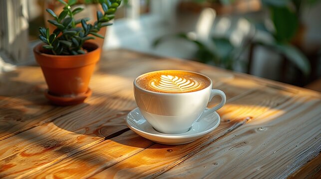 Hot Coffee cup and coffee beans roating on the wooden table and the coffee shop background