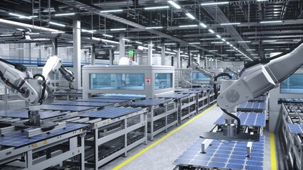 Automatized robotic arms in cutting edge solar panel warehouse handling photovoltaic modules on conveyor belts. Company manufacturing solar cells in green energy facility, 3D illustration - obrazy, fototapety, plakaty