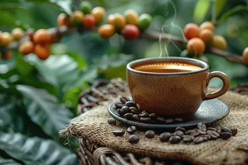 Fotobehang Cup of coffee with coffee beans in burlap bag and coffee powder in wooden spoon © Vasiliy