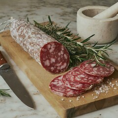 02/16/2024 - salami and slices of cut salami on wooden cutting board