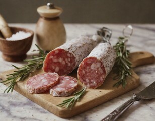 02/16/2024 - salami and slices of cut salami on wooden cutting board