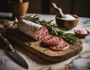 02/16/2024 - salami and slices of cut salami on wooden cutting board