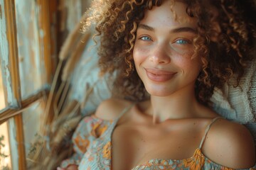 A radiant woman with long ringlets and a captivating smile looks directly at the camera, exuding confidence and beauty in her portrait
