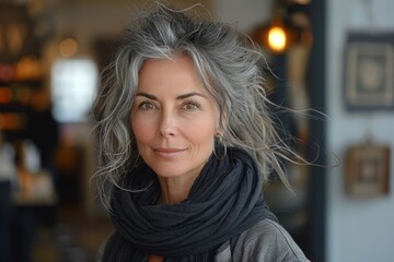 A stylish woman exudes warmth and grace as she smiles against a wall, her grey hair and shawl adding a touch of elegance to her winter attire