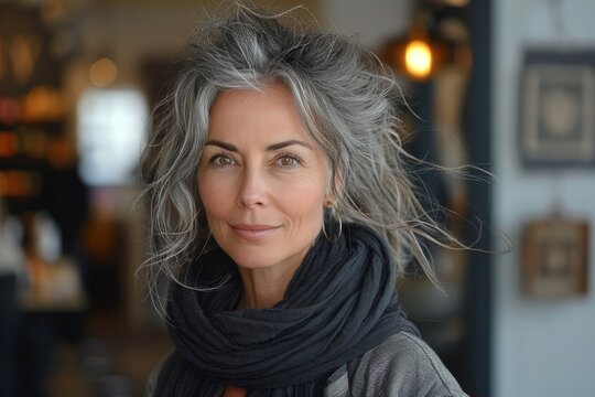 A stylish woman exudes warmth and grace as she smiles against a wall, her grey hair and shawl adding a touch of elegance to her winter attire