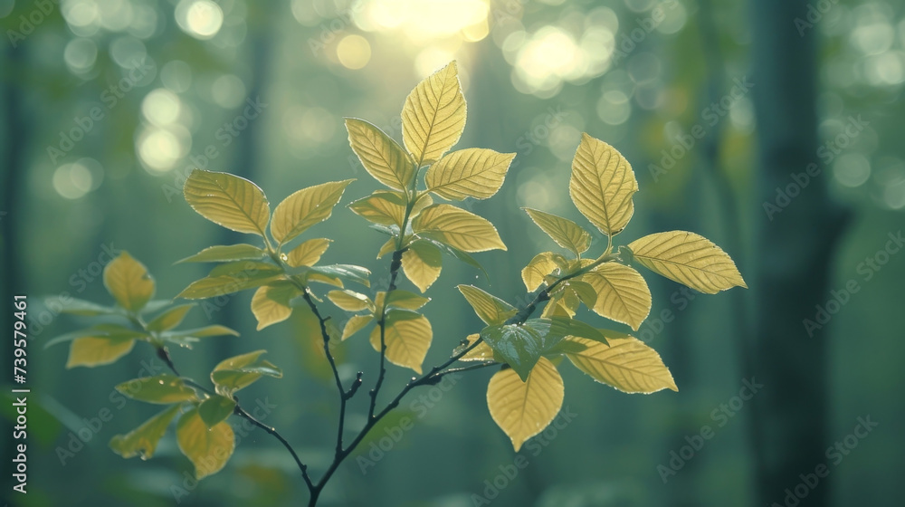 Poster closeup of a tree branch its leaves softly trembling in response to a ping bird