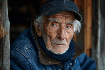 A weathered man with a distinguished blue jacket and hat stands on the street, his wrinkled face telling a story of a life well-lived