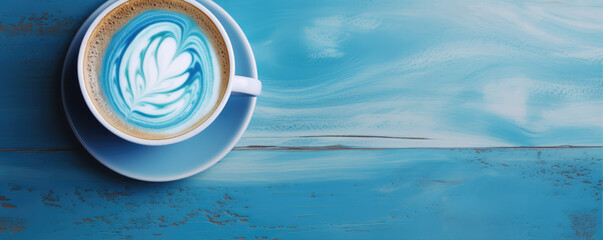 Fototapeta na wymiar Top view of matcha latte on wooden background in blue color.
