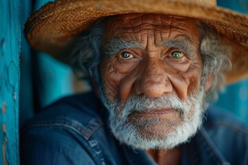 A wise man with a rugged face, adorned with a white beard and a straw hat, gazes confidently at the viewer, his weathered features telling a story of a life well-lived