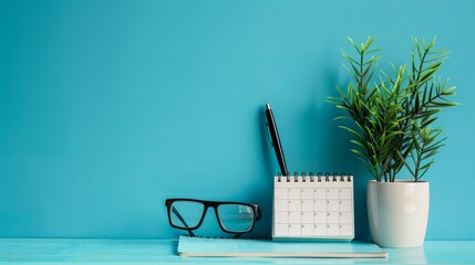 August 2024 desk calendar featuring a potted plant, pen, and reading glasses set against a serene blue background.