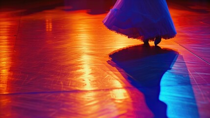 Dance performance on a reflective stage with dramatic lighting