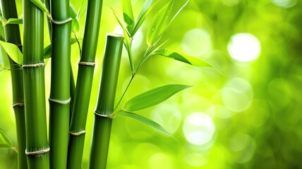 Fototapeta na wymiar Bamboo stalks with green leaves and soft background
