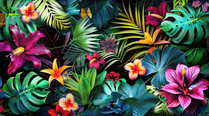 Tropical background from exotic plants, flowers, foliage