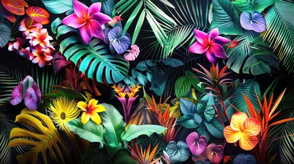 Foto op Canvas Tropical background from exotic plants, flowers, foliage © Viktoriia Protsak