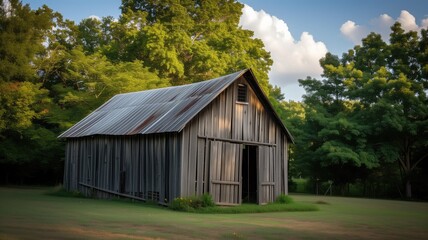 Fototapeta na wymiar Old barn in a green field with trees