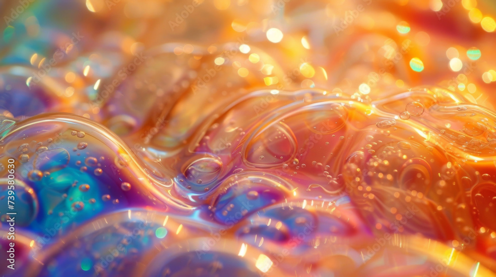Poster closeup of a glossy bubble texture with a mesmerizing pattern of swirling colors.