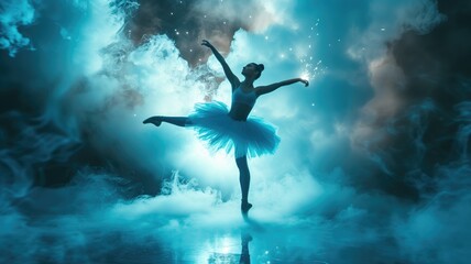 Ballerina dancing in a mystical blue smoke-filled environment