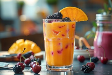 Refreshing orange juice served in a tall glass, garnished with fruit and accompanied by other delicious nonalcoholic options such as smoothies and aguas frescas, making for a healthy and vibrant drin - obrazy, fototapety, plakaty