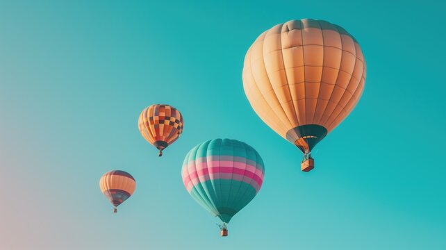 Colorful hot air balloons floating in a clear blue sky