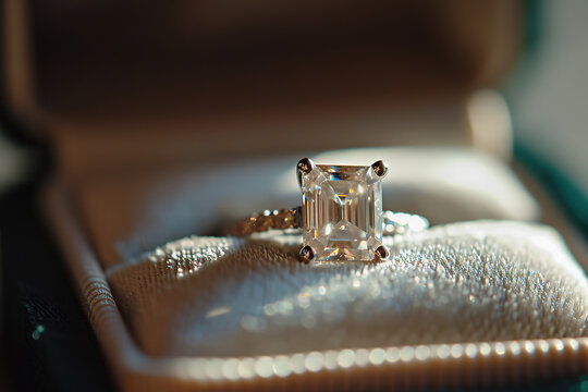 Emerald cut diamond engagement ring in a box