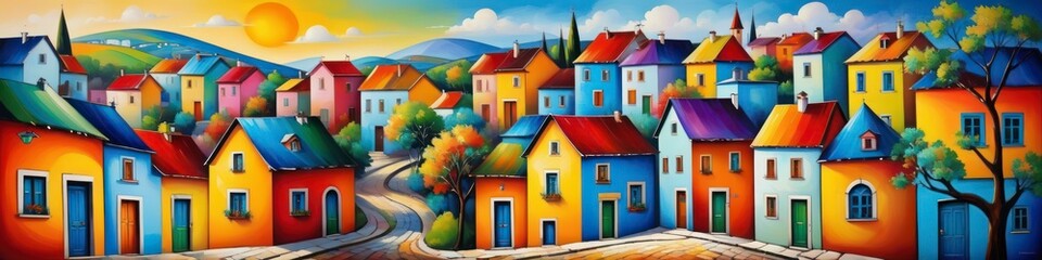 Abstract drawn banner of a small town or village. Colorful houses. Background for design.
