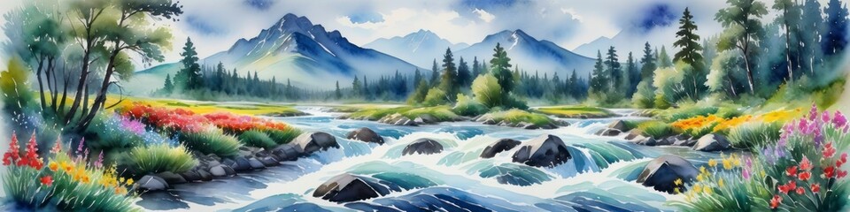 Drawing watercolor illustration lanscape of mountain valley with turbulent river and flowers along the river banks. Background for design.
