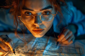 A curious woman with glasses gazes at a map, contemplating her next journey indoors - obrazy, fototapety, plakaty
