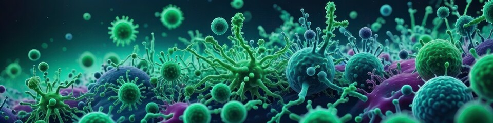 Abstract banner of viruses, microbes, bacteria on blurred dark background. 3D visualization of the microcosm. Concept for medical and hygienic illustrations.