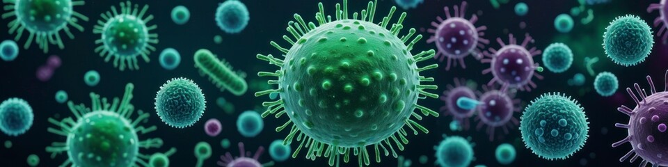 Abstract banner of floating viruses, microbes, bacteria on dark background. 3D visualization of the microcosm. Concept for medical and hygienic illustrations.