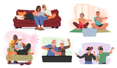 Vector Set of Senior Couples Embrace Smart Technology, Navigating Tablets, Video Consoles, Vr Glasses and Laptops
